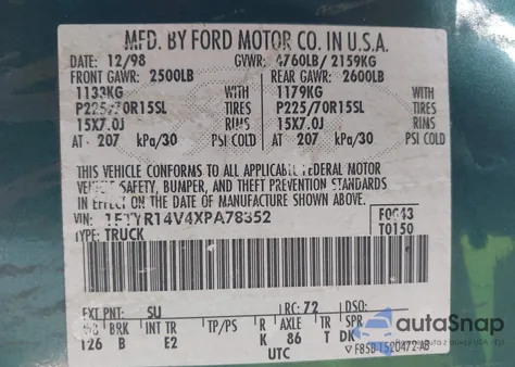 1999 Ford Ranger Xl/Xlt from USA, damaged, VIN 1FTYR14V4XPA78352